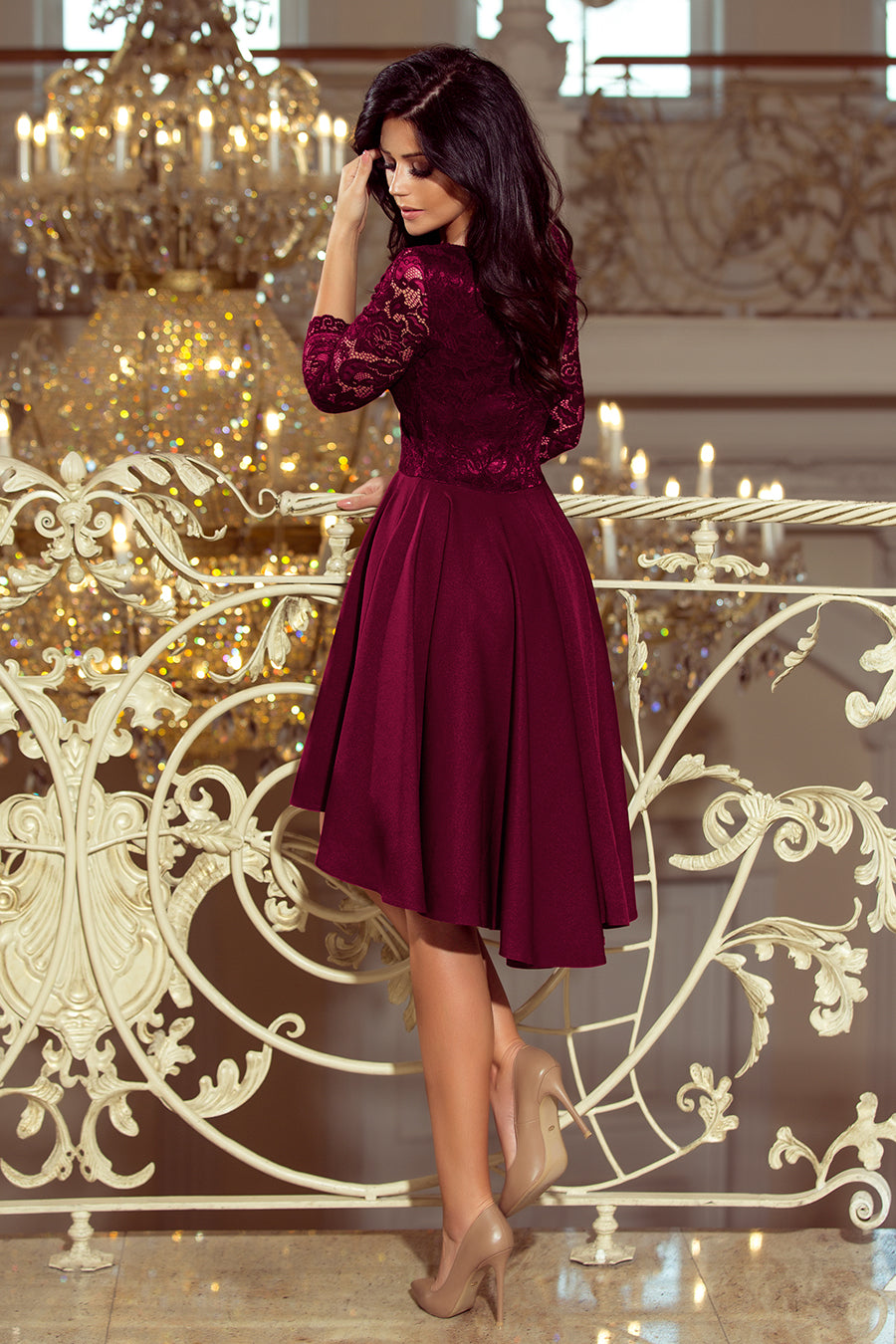 Numoco 210-13 NICOLLE - dress with longer back with lace neckline - plum-1