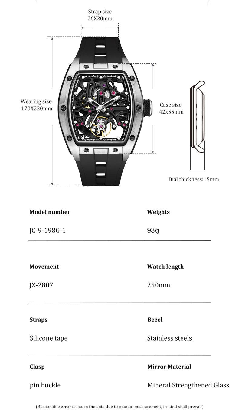 New Skeleton Dial Watches for Men Stainless Steel Case Automatic Mechanical Wristwatch Waterproof Luminous Sport Watch 9198-1