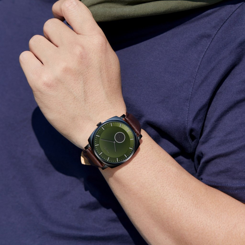 Trnda Men's Stainless Steel Black Watch, Brown Leather | Trn45bdg