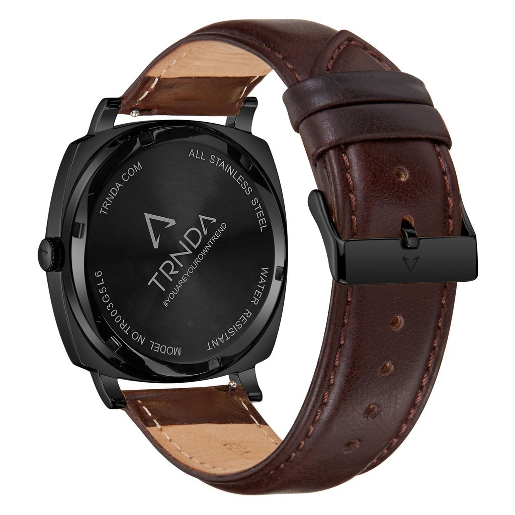 Trnda Men's Stainless Steel Black Watch, Brown Leather | Trn45bdg